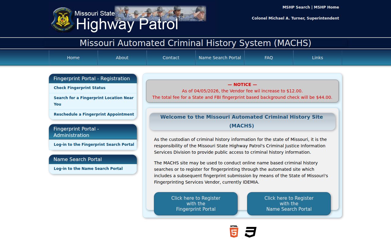 Cole County criminal record MACHS fingerprint portal